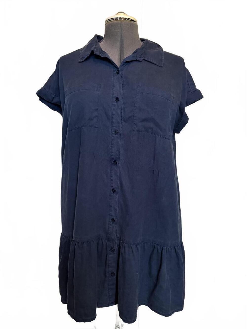 Wonderly Navy Blue Button-Up Shirtdress with Ruffle Hem, Size Large
